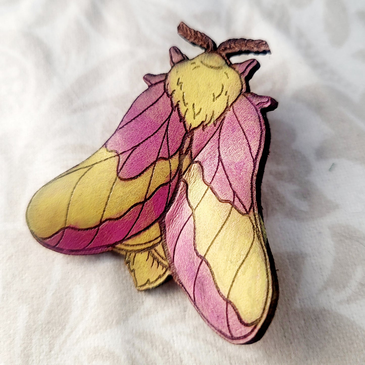 Rosy Maple Moth Leather Nature Art Animal Pin