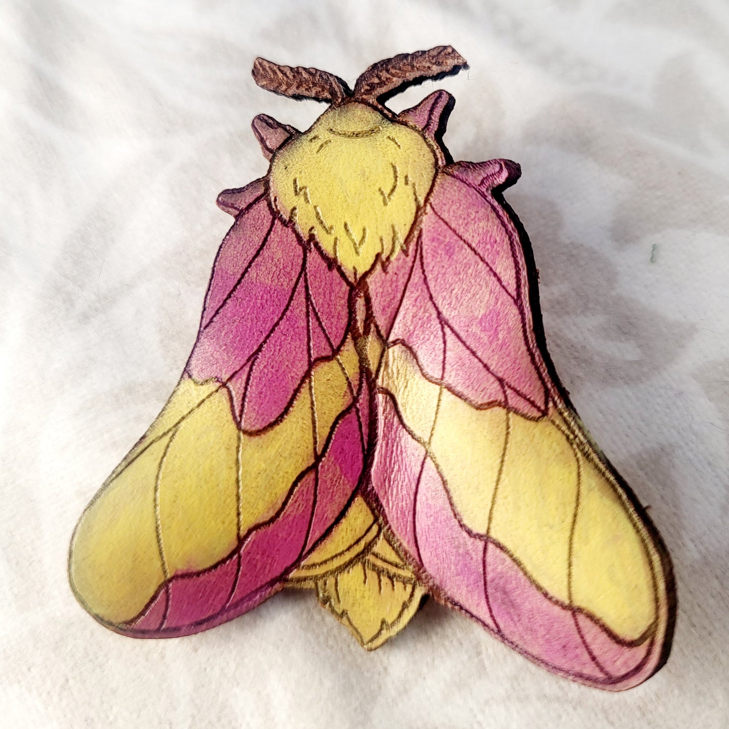 Rosy Maple Moth Leather Nature Art Animal Pin