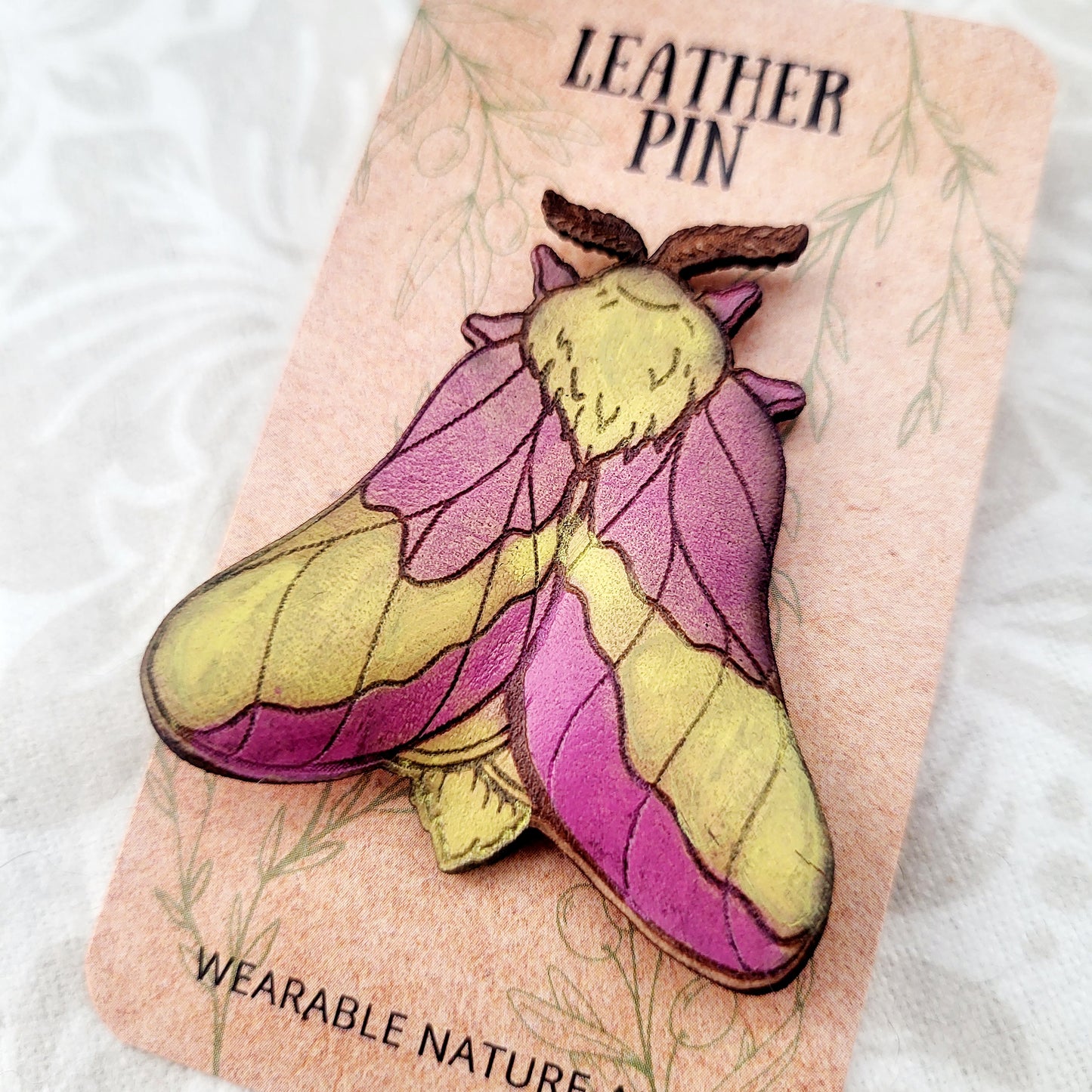 Rosy Maple Moth Leather Nature Art Animal Pin
