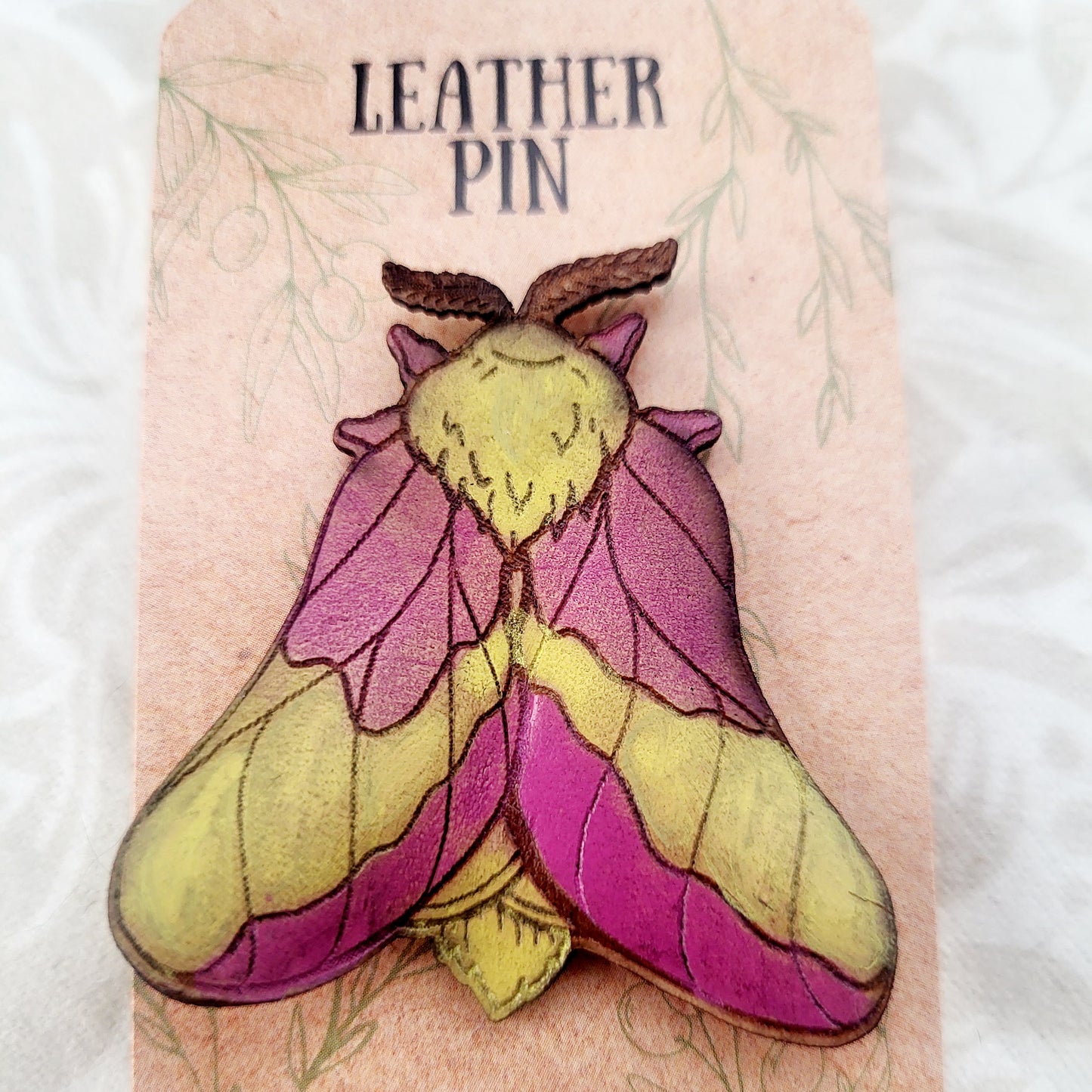 Rosy Maple Moth Leather Nature Art Animal Pin
