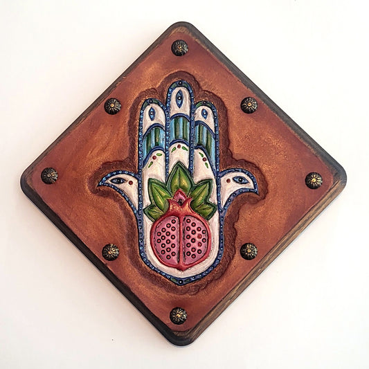 Pomegranate Hamsa Original Leather Art
