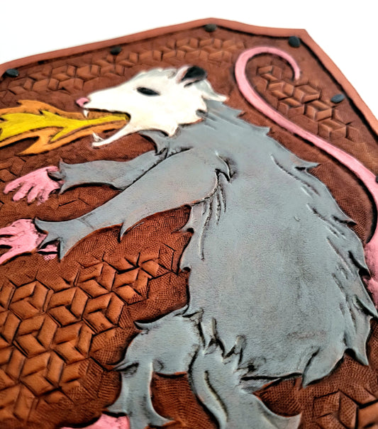 Fire-Breathing Opossum, Rampant Original Leather Art