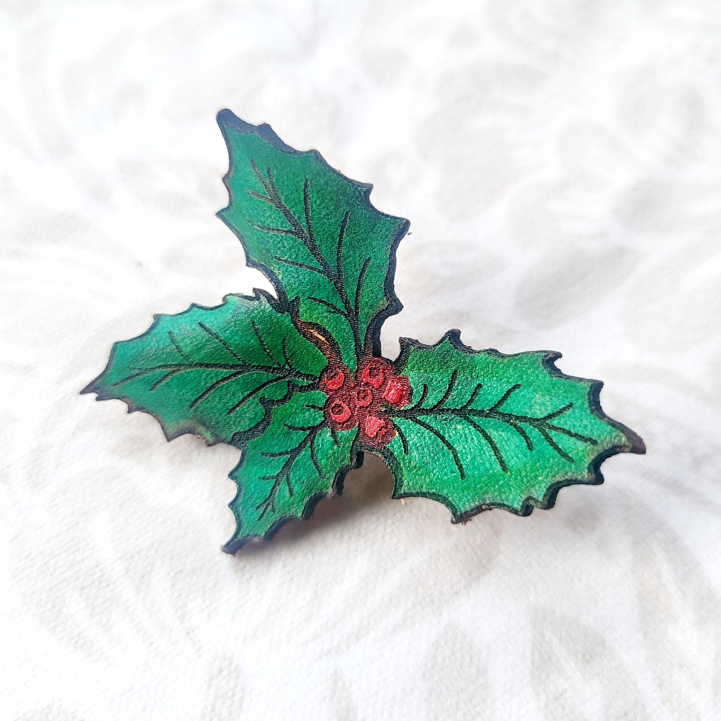 Holly Leaves and Berries Nature Art Winter Leather Pin