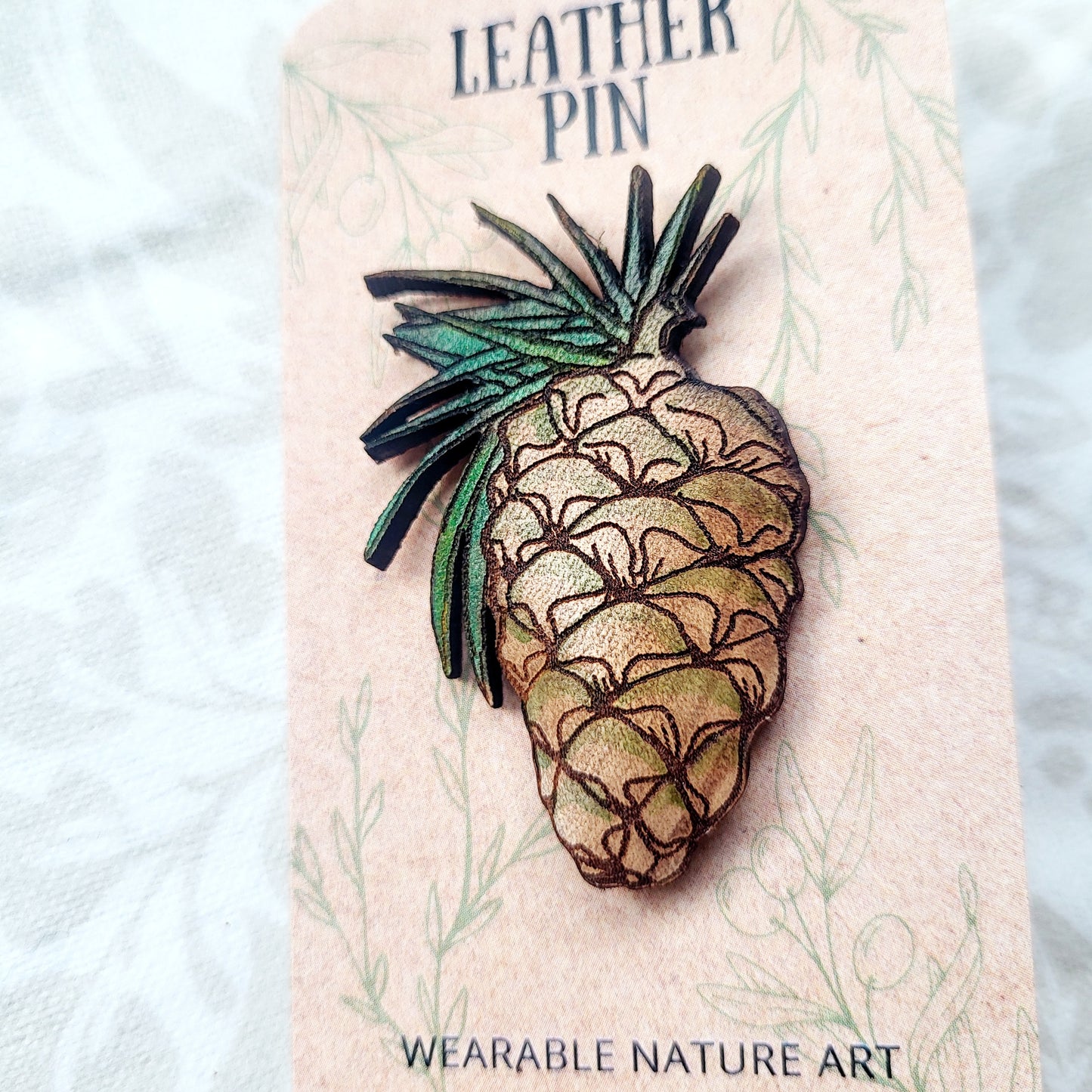 Pine Cone Nature Art Winter Leather Pin