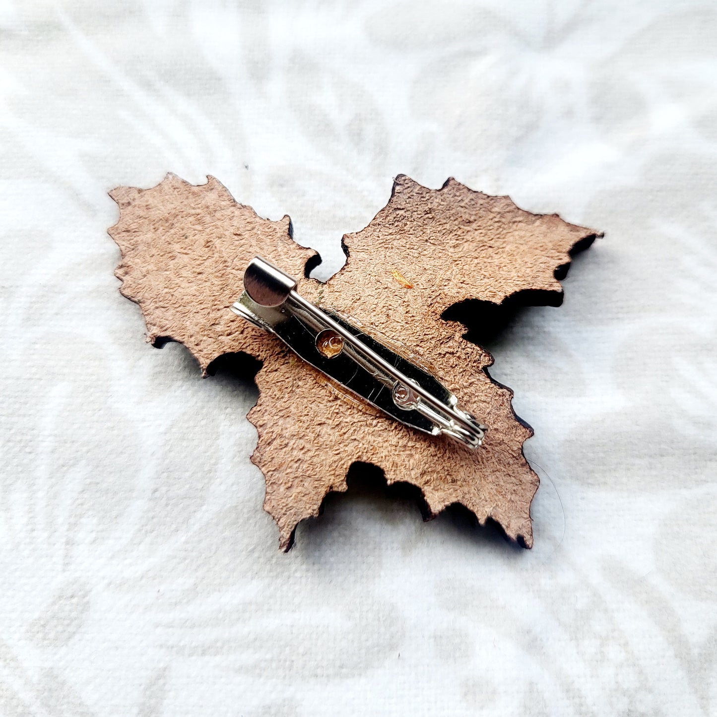 Holly Leaves and Berries Nature Art Winter Leather Pin