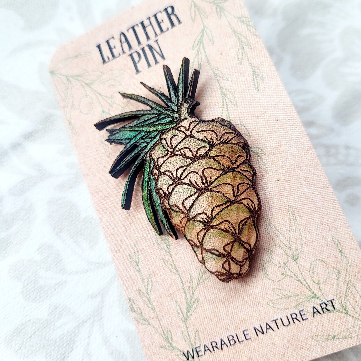 Pine Cone Nature Art Winter Leather Pin