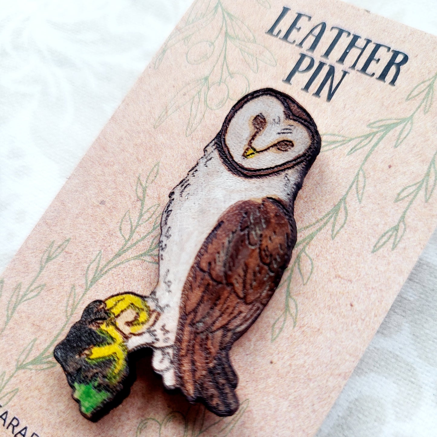 Barn Owl Leather Nature Art Animal Bird Pin