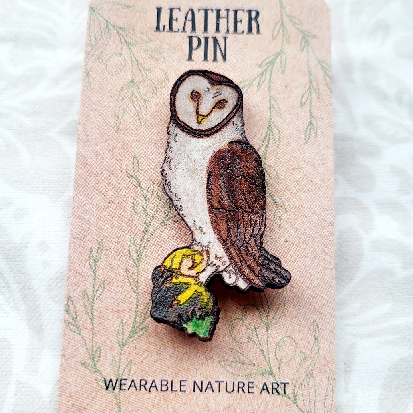 Barn Owl Leather Nature Art Animal Bird Pin