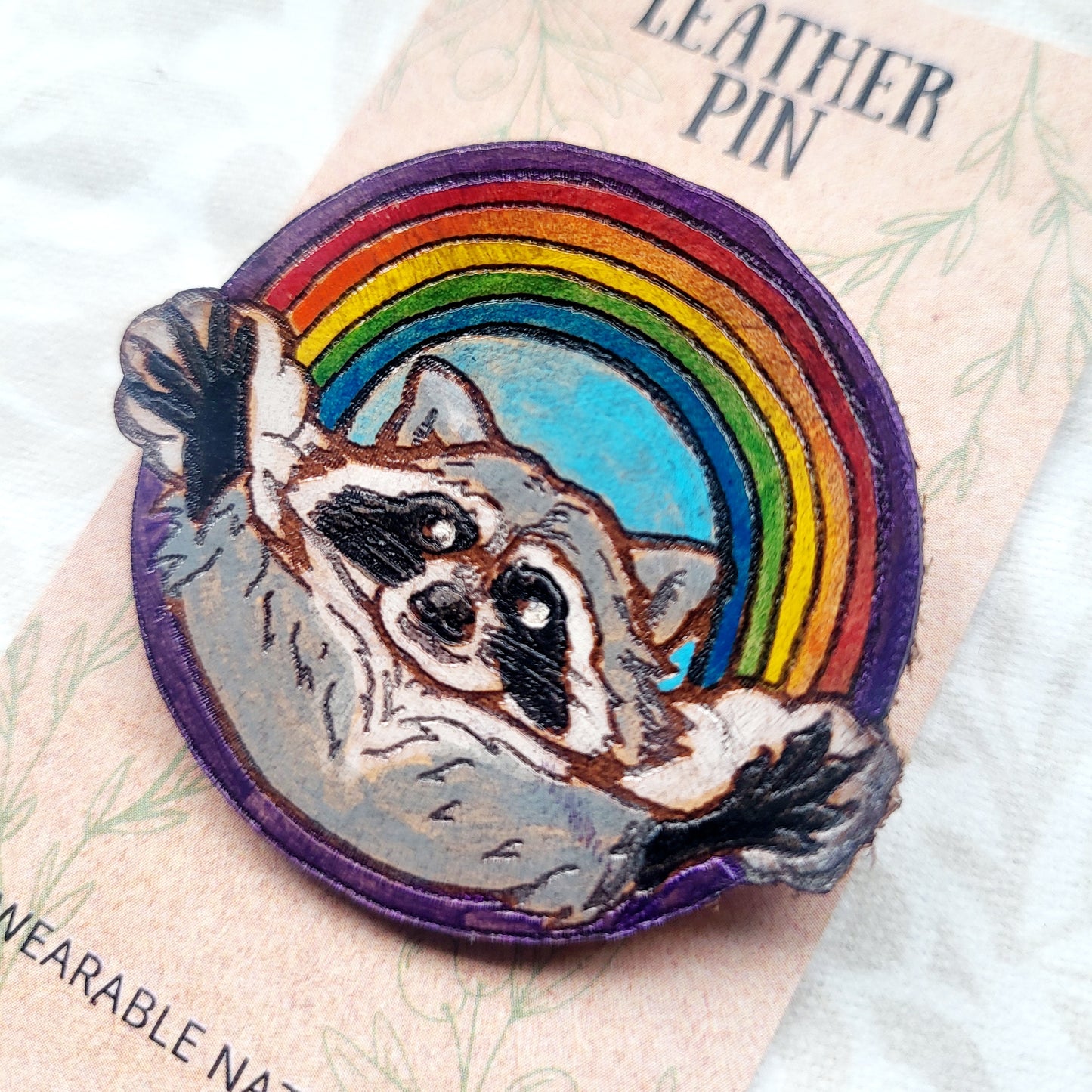 Rainbow Raccoon Leather Pin - August 2025 Limited Edition
