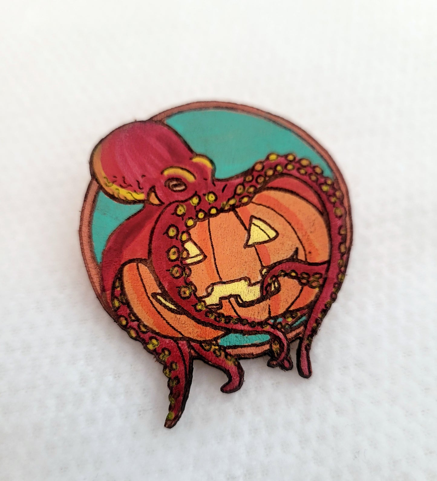 Octopus with a Pumpkin Leather Pin - October 2025 Limited Edition