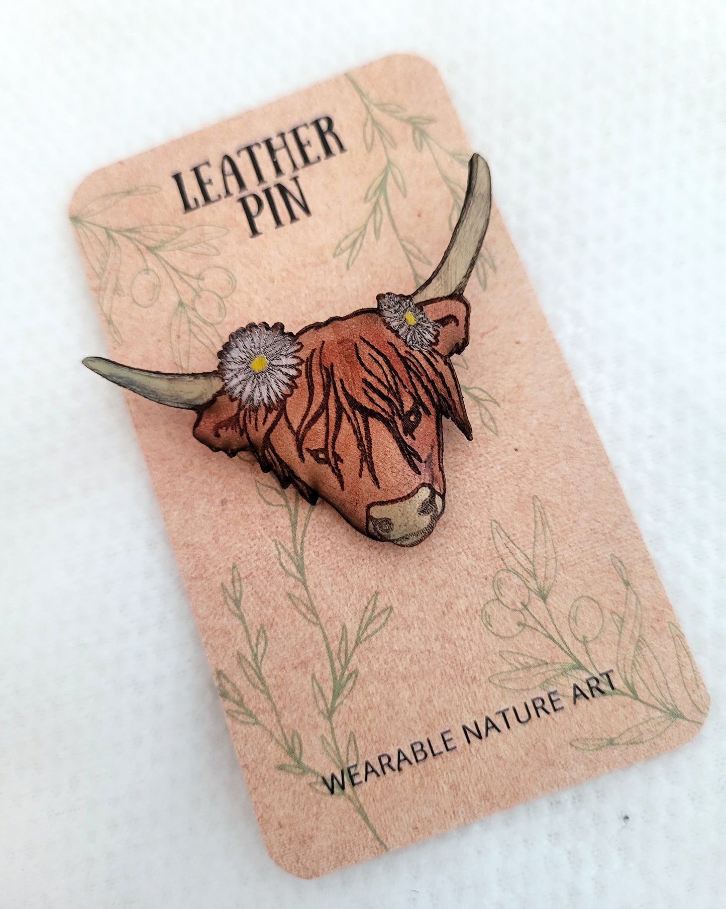 Highland Cow Leather Nature Art Animal Pin