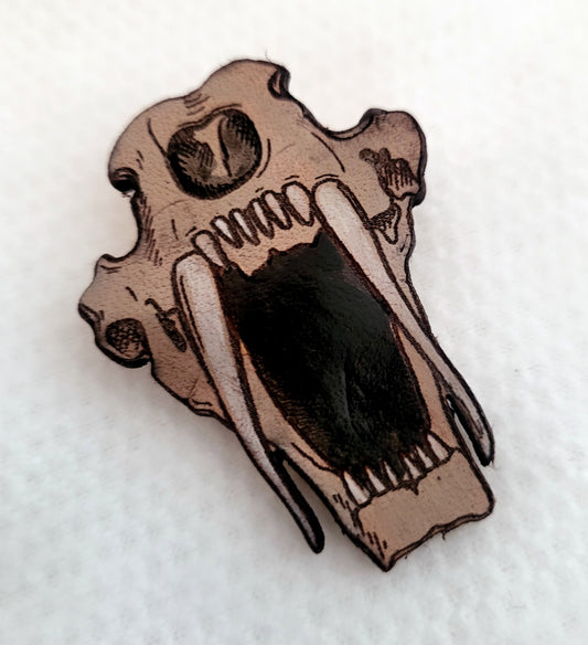 Sabertoothed Cat Skull Leather Nature Art Animal Paleontology Pin