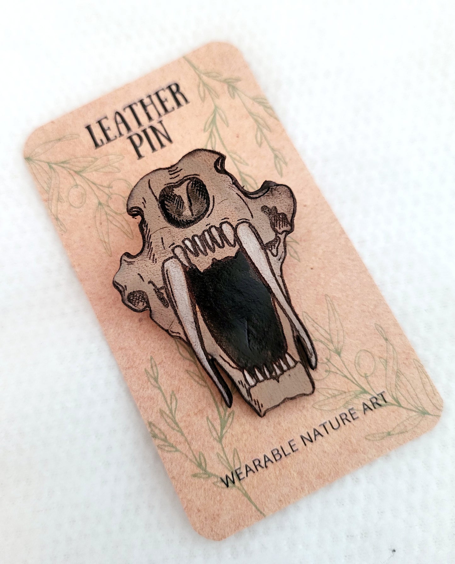 Sabertoothed Cat Skull Leather Nature Art Animal Paleontology Pin