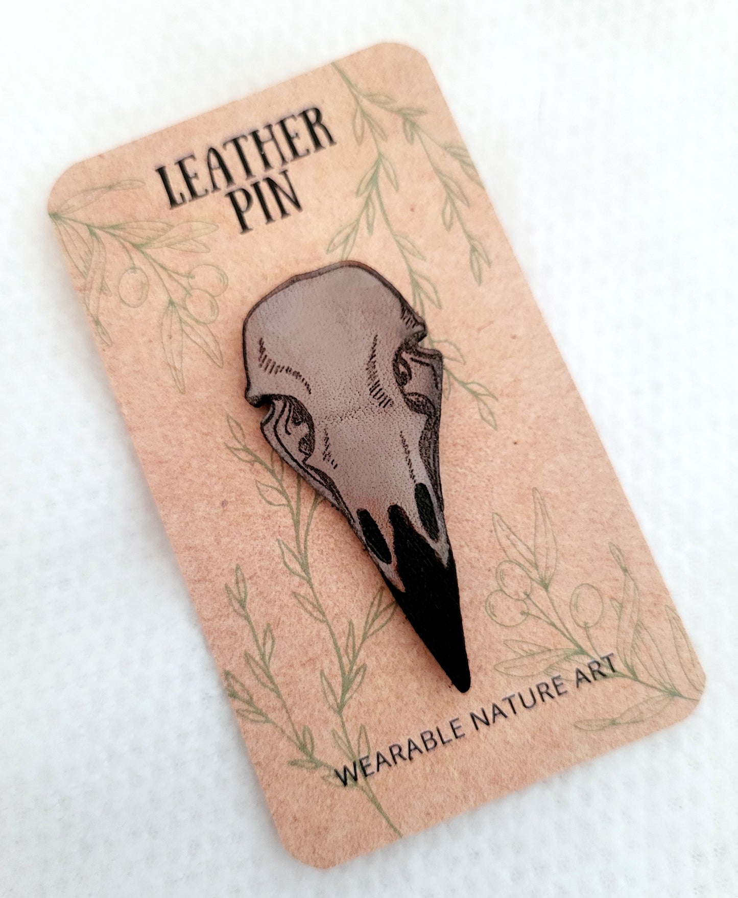 Raven Skull Leather Nature Art Animal Bird Pin