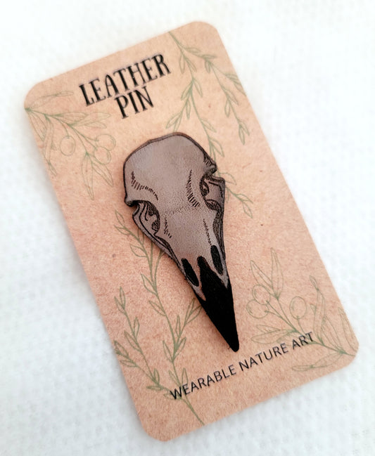 Raven Skull Leather Nature Art Animal Bird Pin