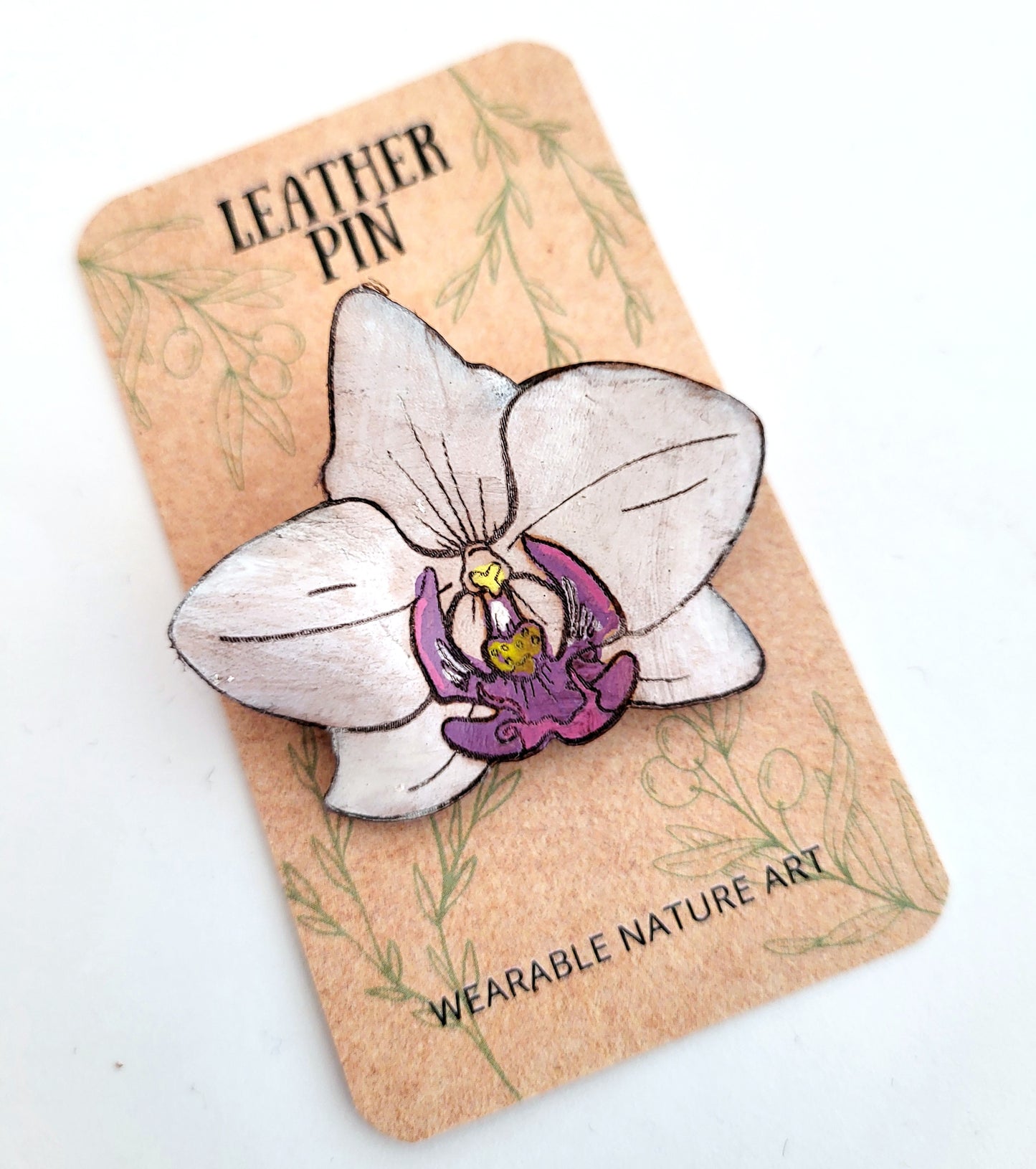 Orchid Leather Nature Art Flower Blossom Pin