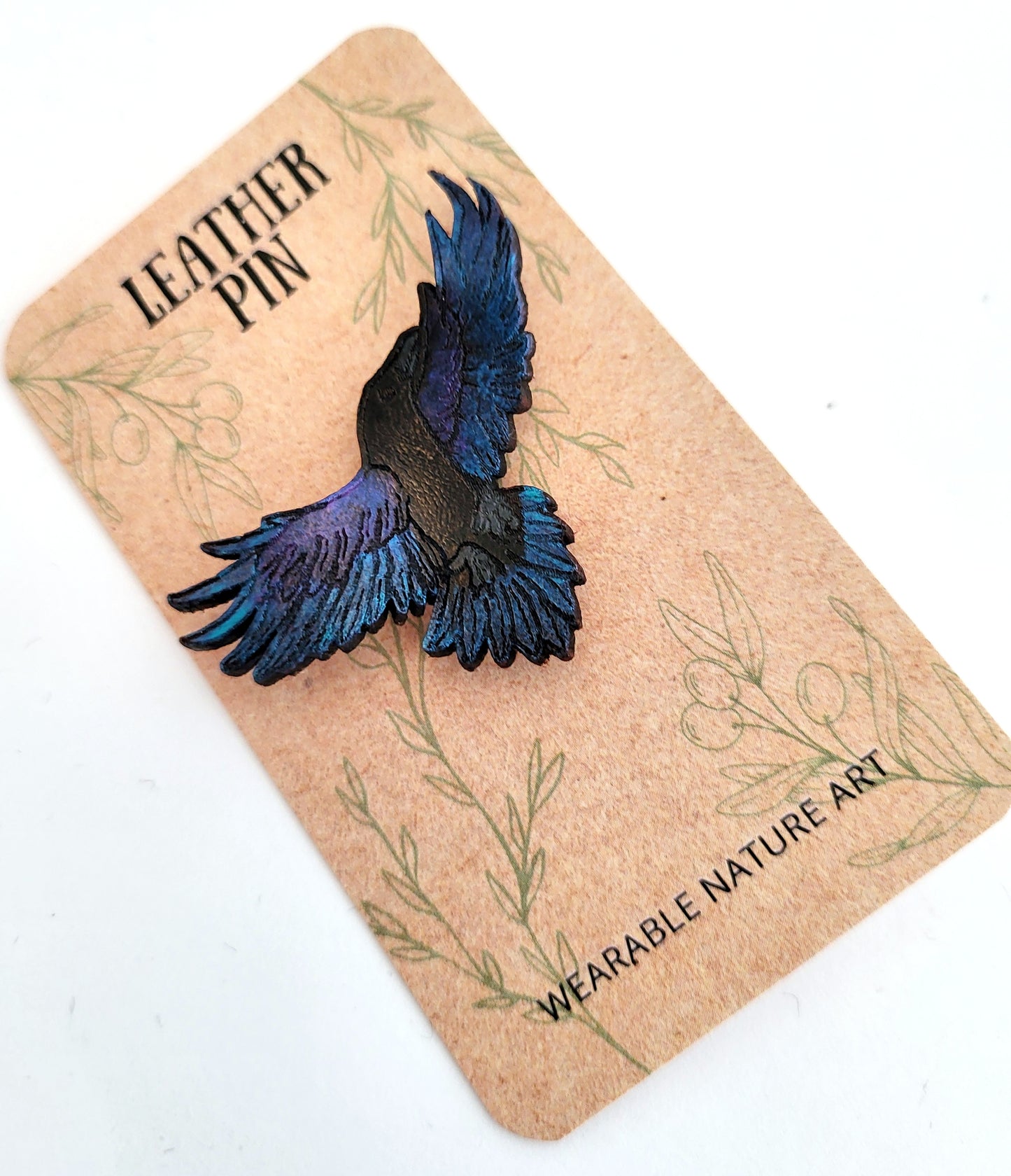 Flying Raven Leather Nature Art Animal Pin
