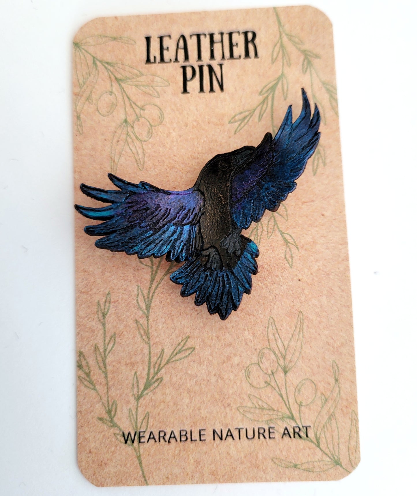 Flying Raven Leather Nature Art Animal Pin