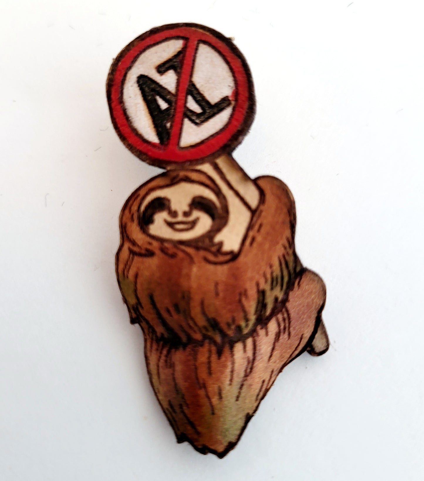 Anti AI Sloth Leather Nature Art Protest Pin