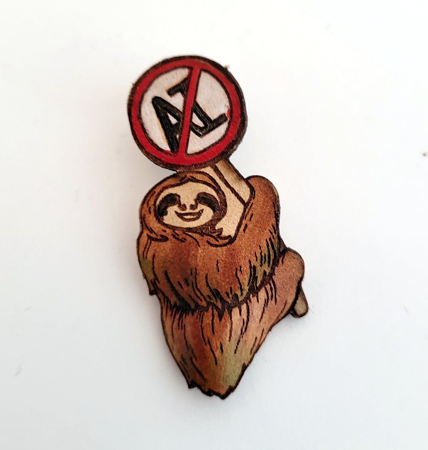 Anti AI Sloth Leather Nature Art Protest Pin