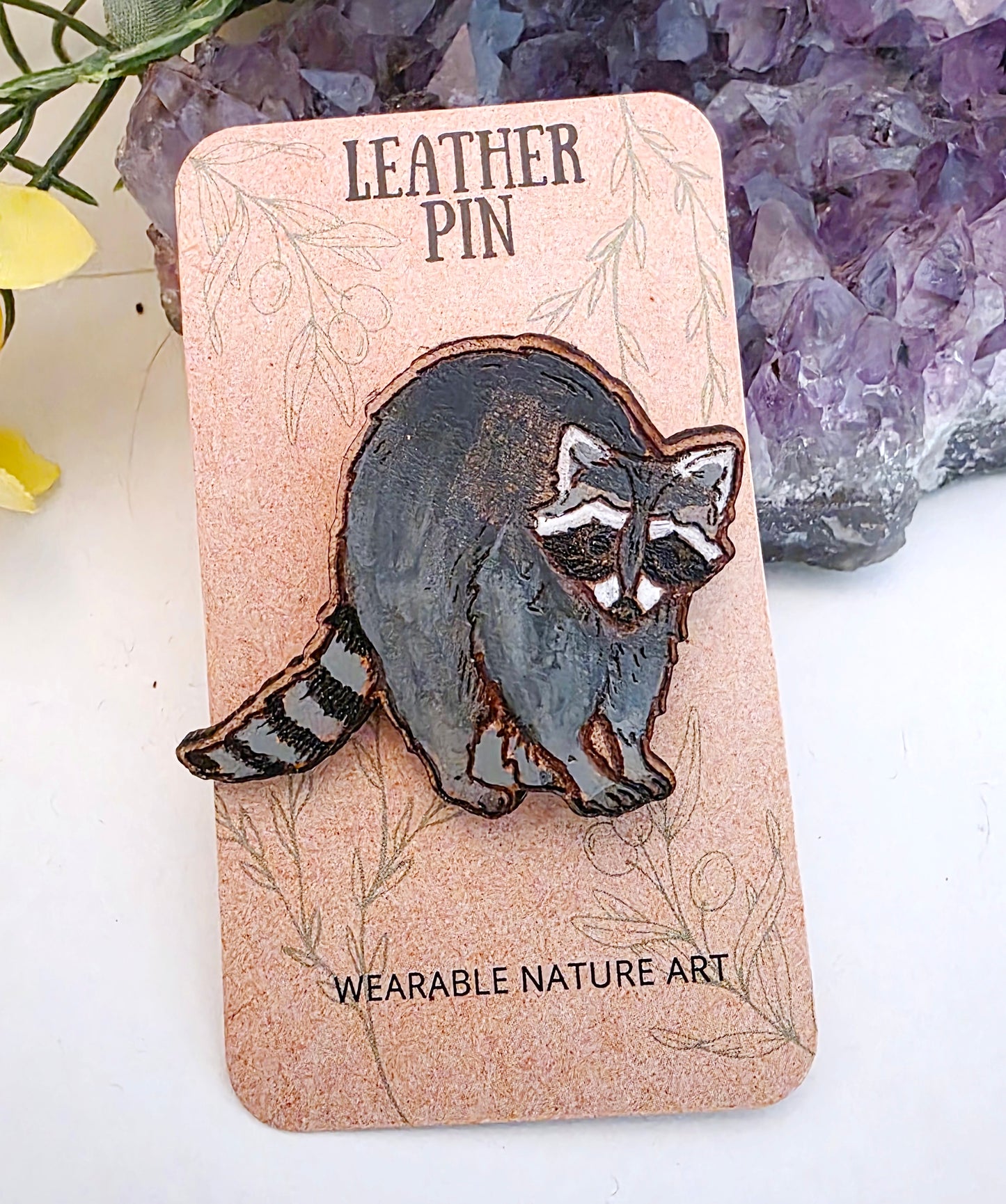 Raccoon Leather Nature Art Animal Pin