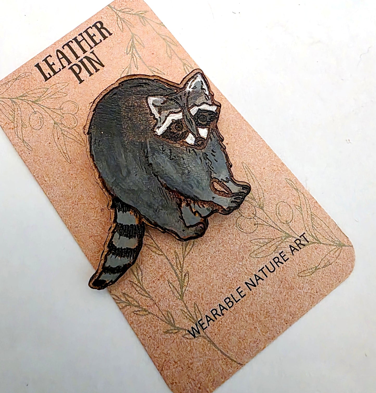 Raccoon Leather Nature Art Animal Pin