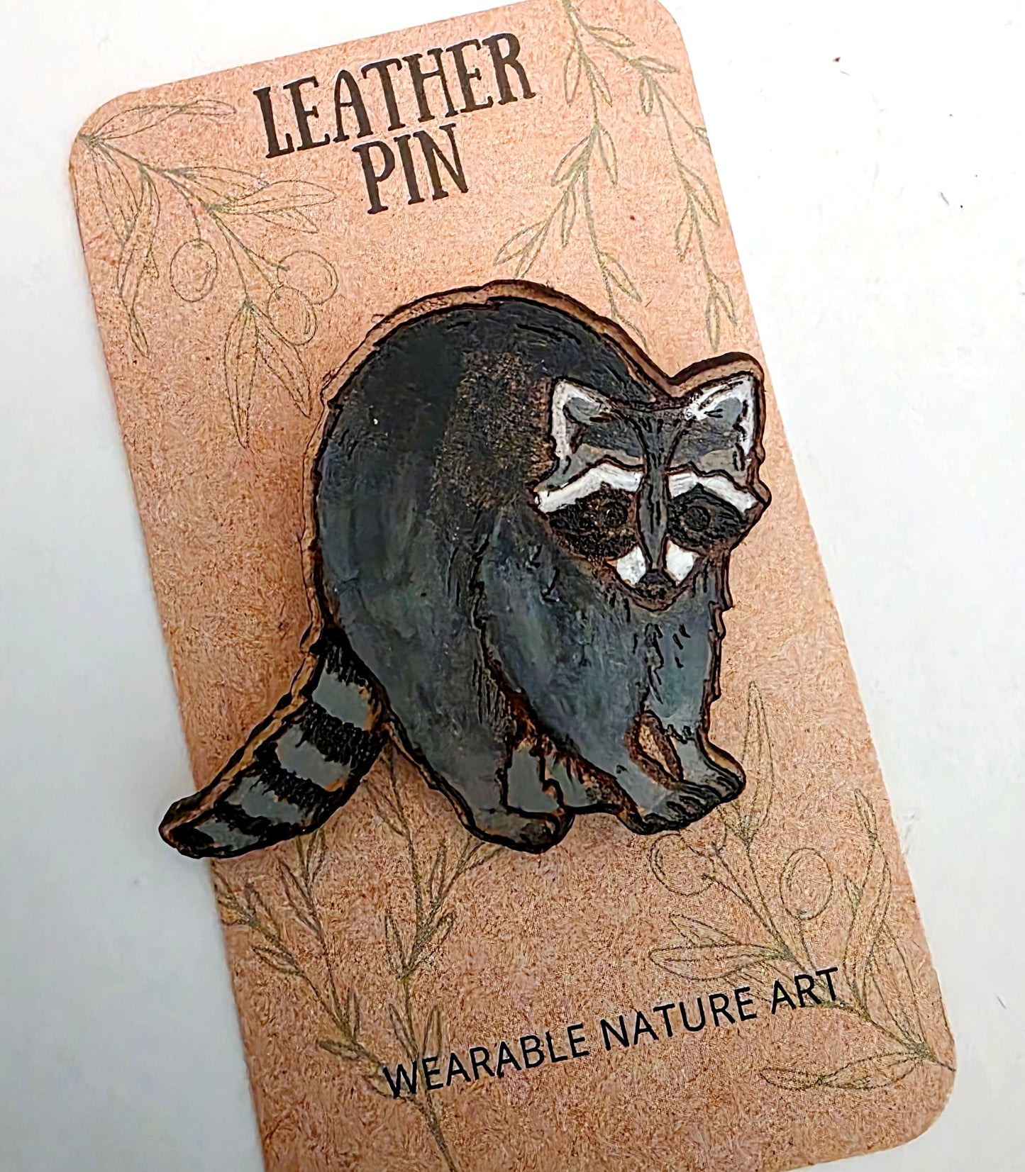 Raccoon Leather Nature Art Animal Pin