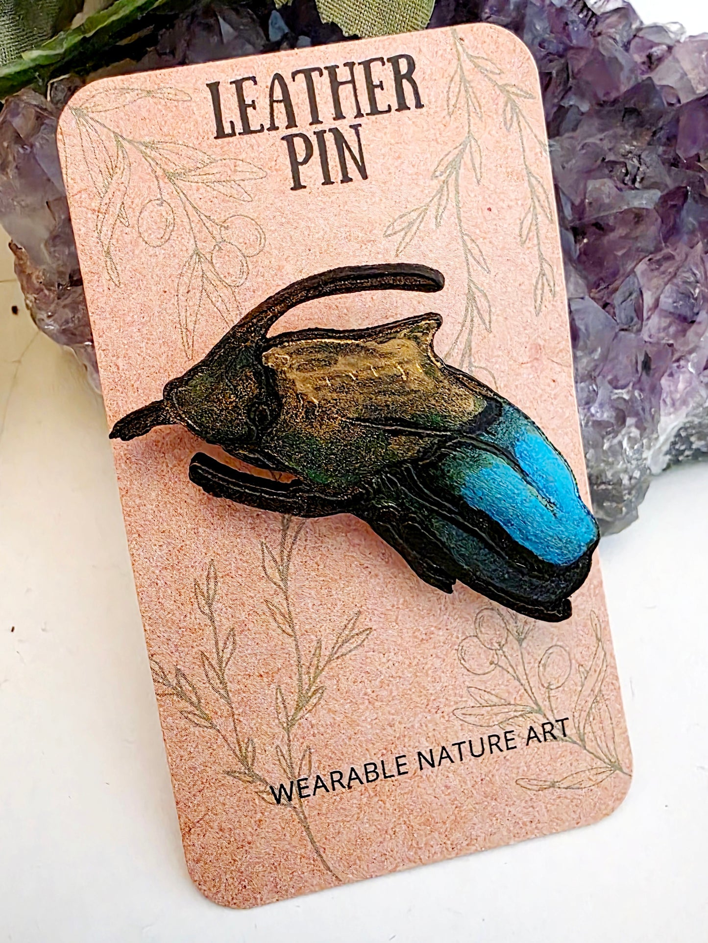 Rainbow Scarab Leather Nature Art Insect Animal Pin