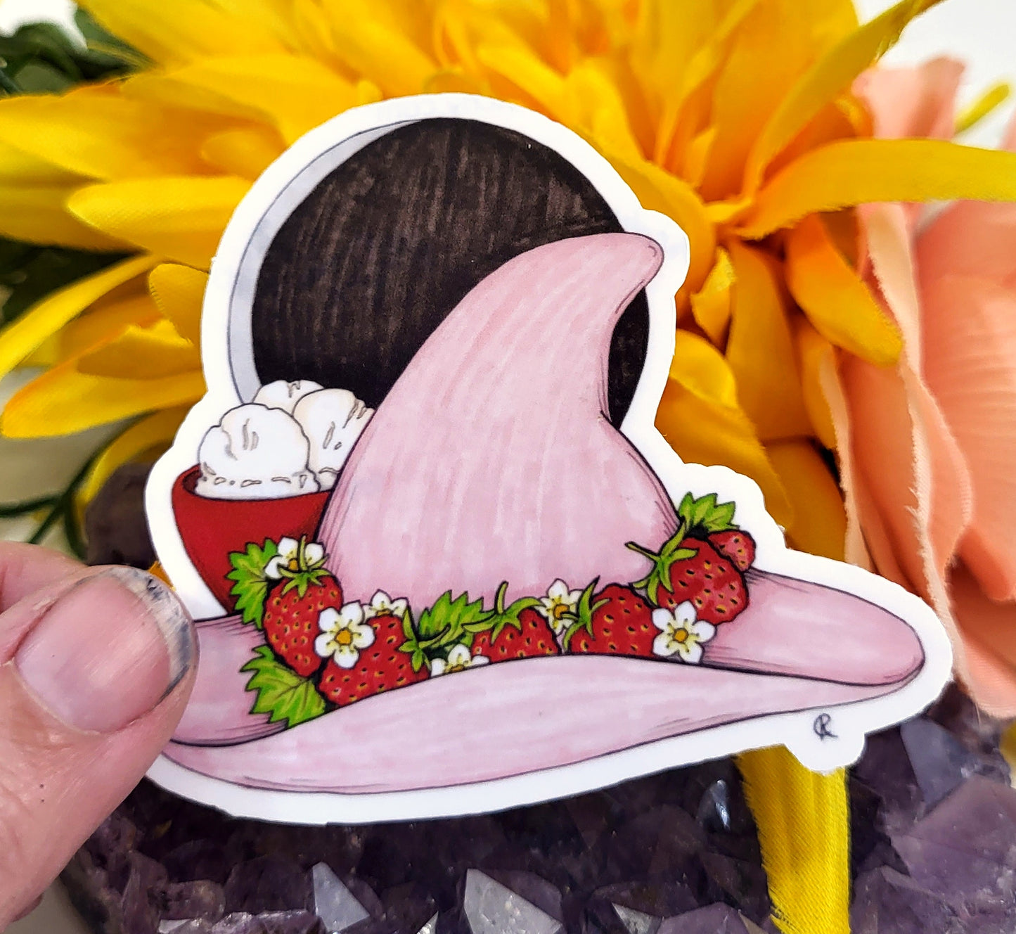Strawberries and Cream Witch Hat Vinyl Sticker