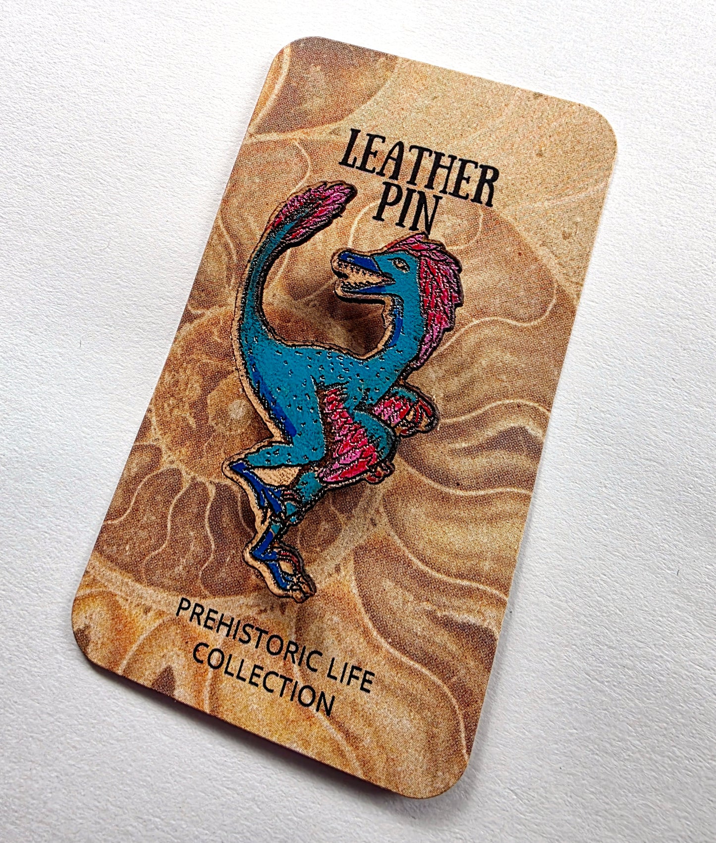 Velociraptor Feathered Dinosaur Leather Nature Art Animal Paleontology Pin