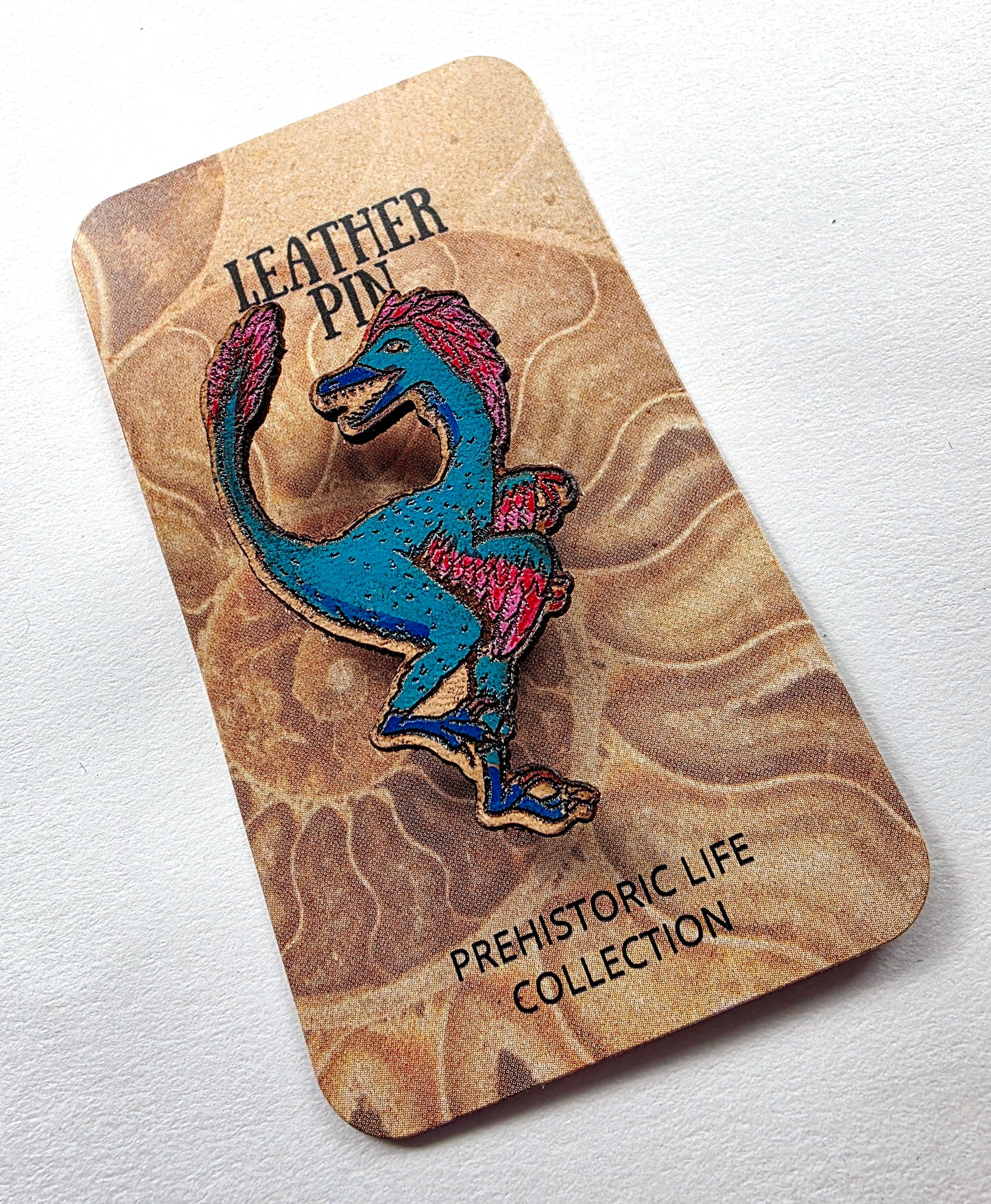 Velociraptor Feathered Dinosaur Leather Nature Art Animal Paleontology Pin