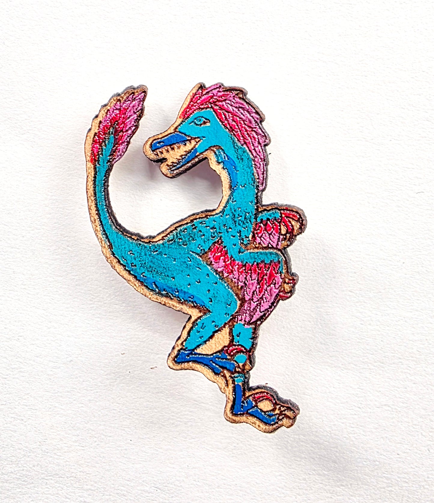 Velociraptor Feathered Dinosaur Leather Nature Art Animal Paleontology Pin