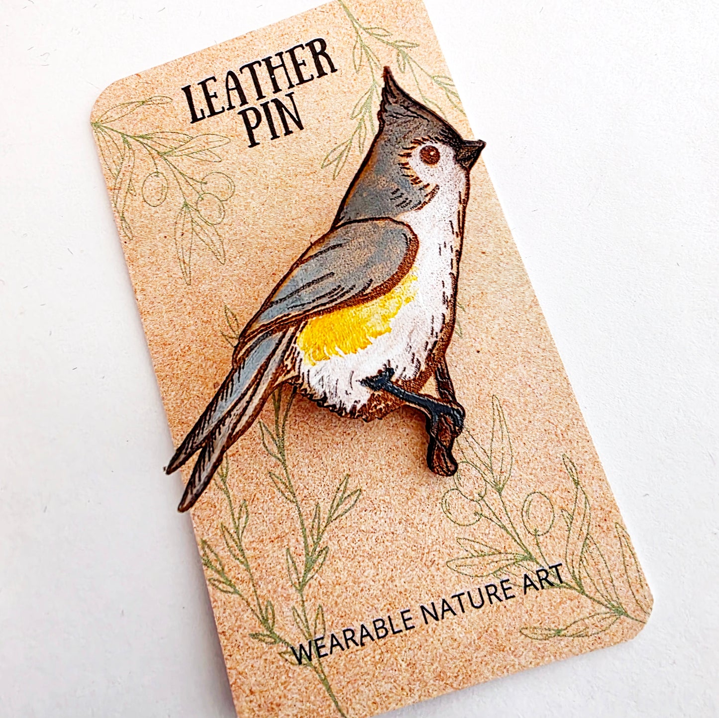 Tufted Titmouse Bird Leather Nature Art Animal Pin