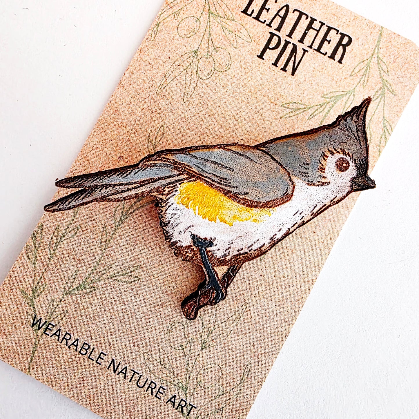 Tufted Titmouse Bird Leather Nature Art Animal Pin