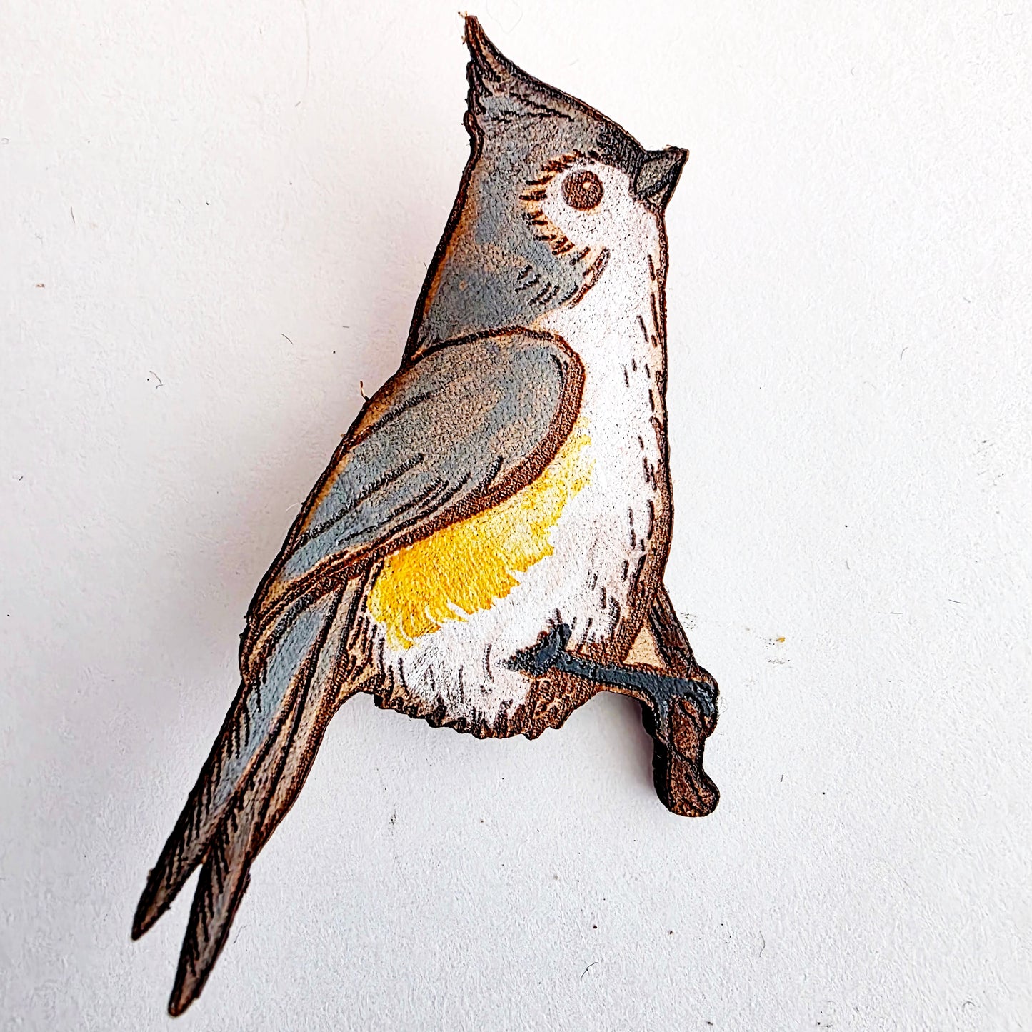 Tufted Titmouse Bird Leather Nature Art Animal Pin