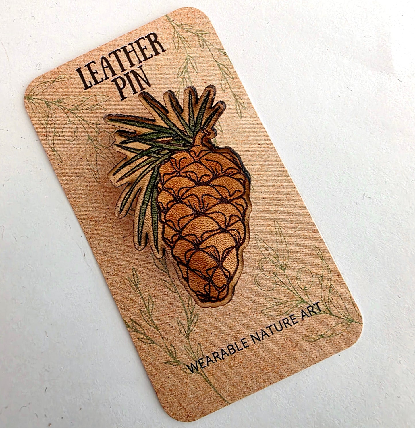 Pine Cone Nature Art Winter Leather Pin