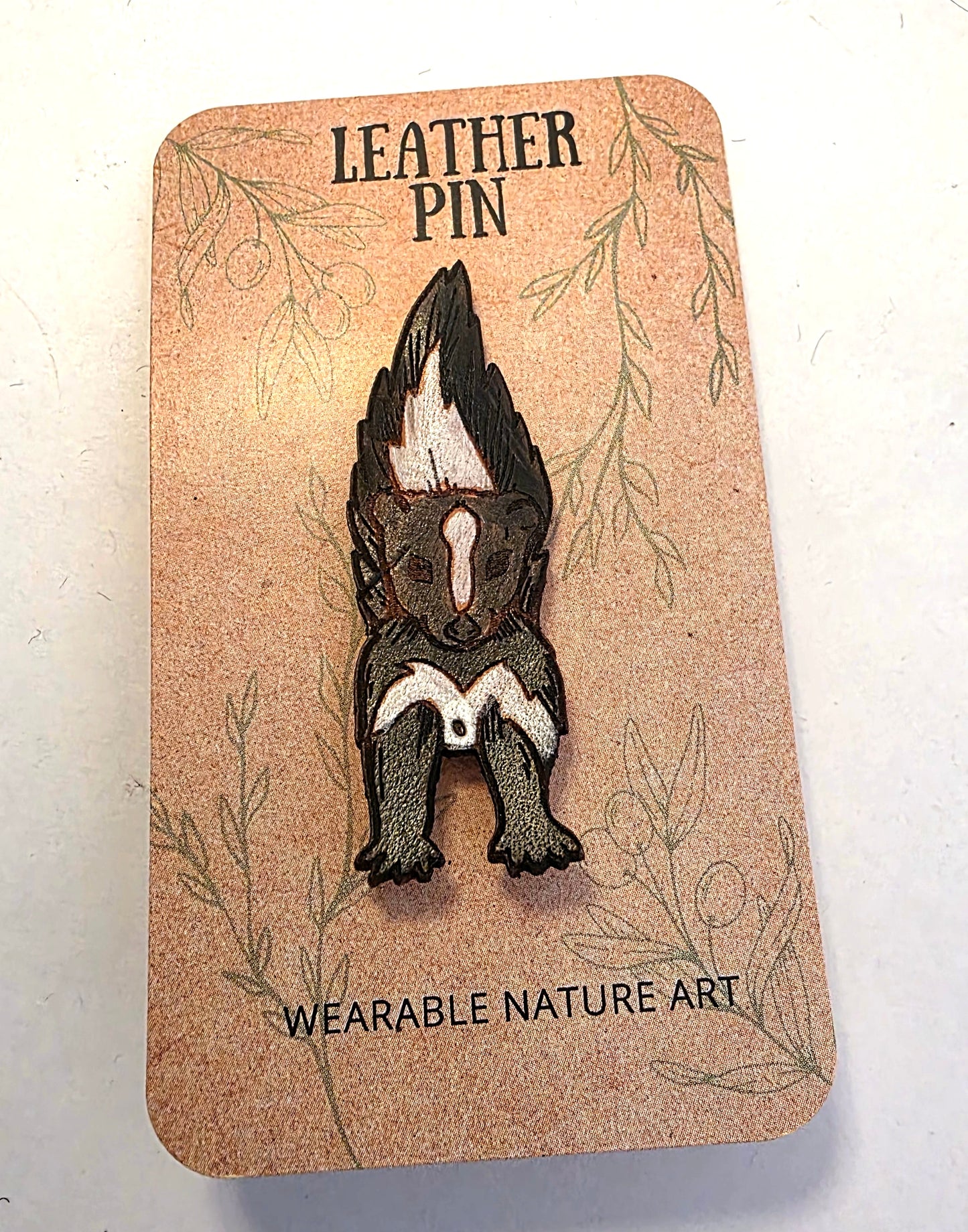 Baby Skunk Leather Nature Art Animal Pin