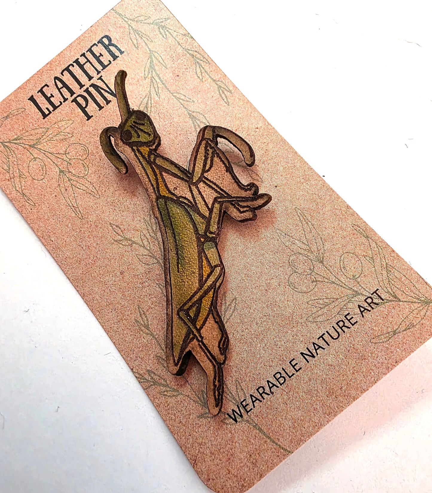 Praying Mantis Insect Leather Pin