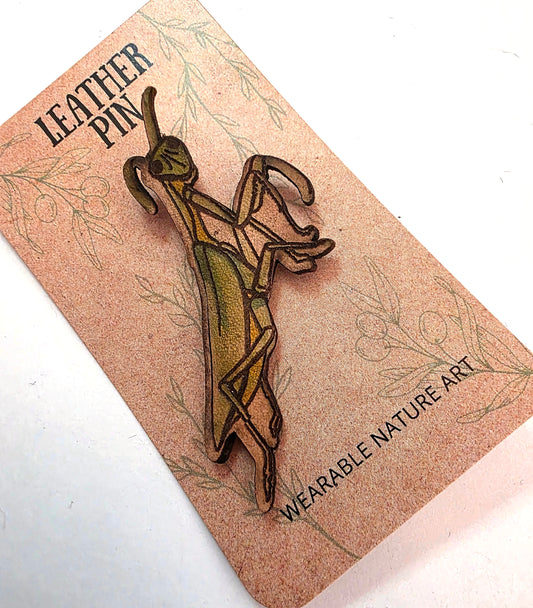 Praying Mantis Insect Leather Pin