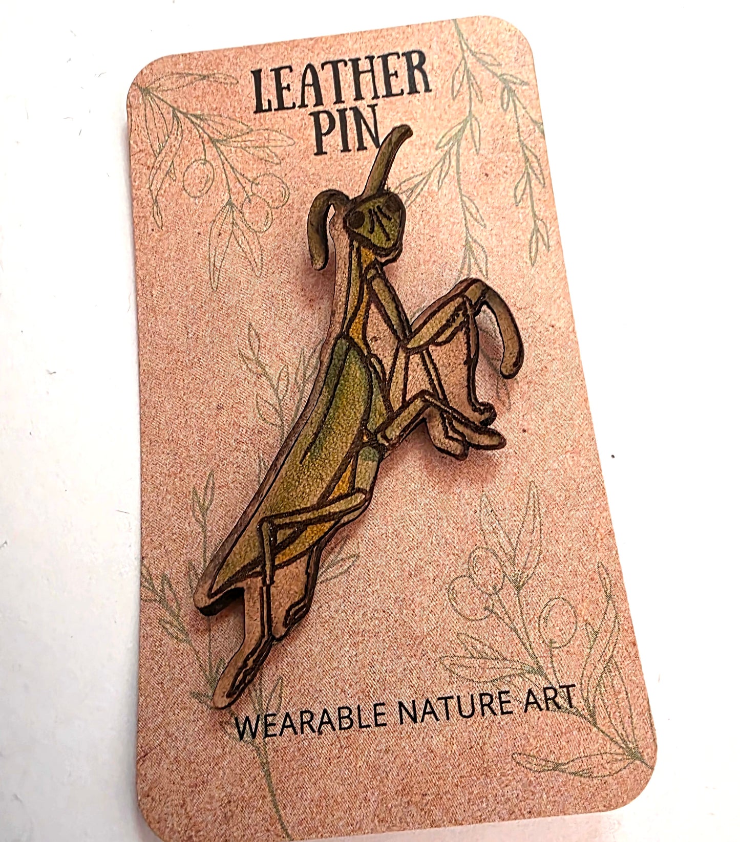 Praying Mantis Insect Leather Pin