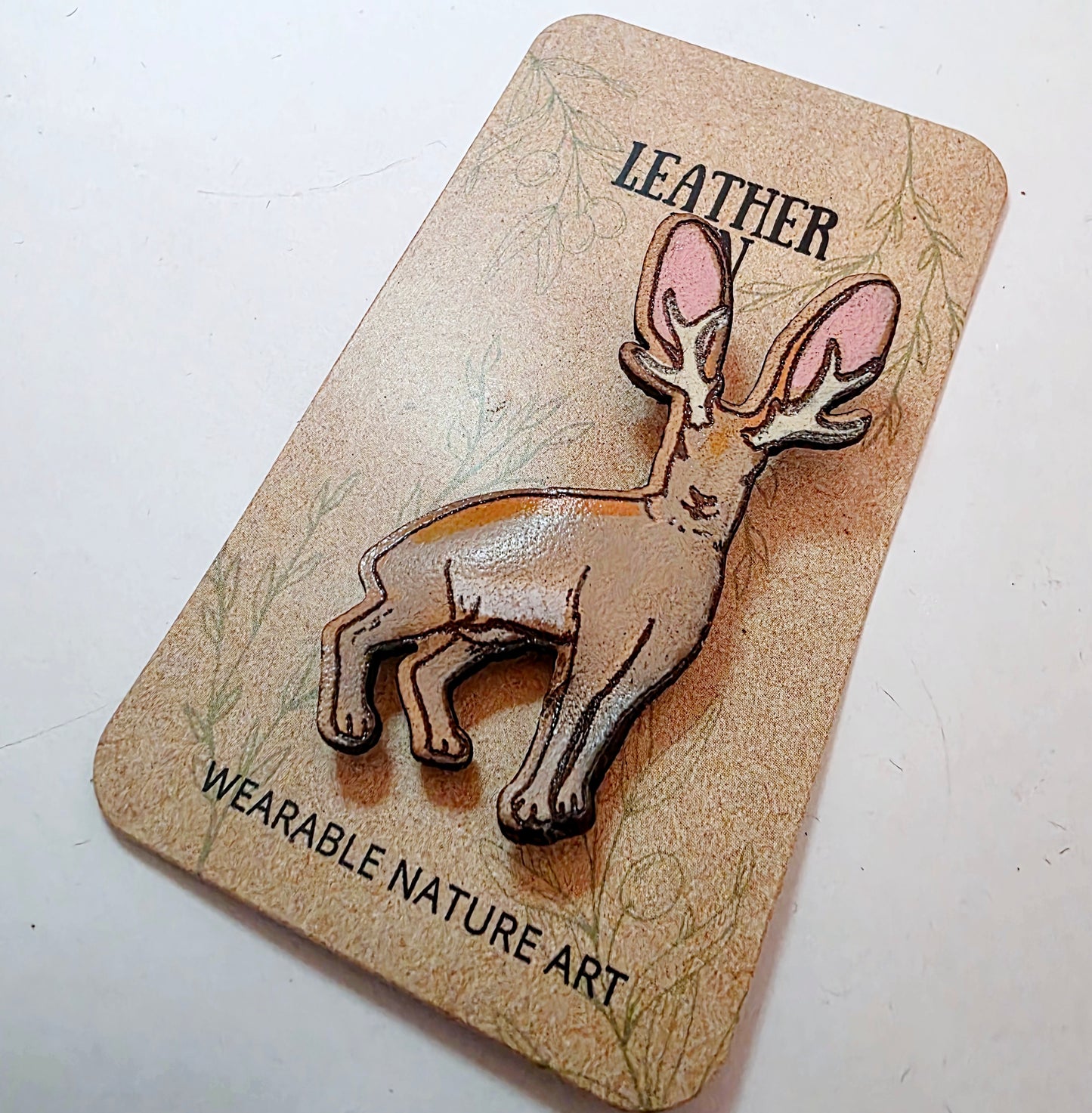 Jackalope Leather Nature Art Cryptid Pin
