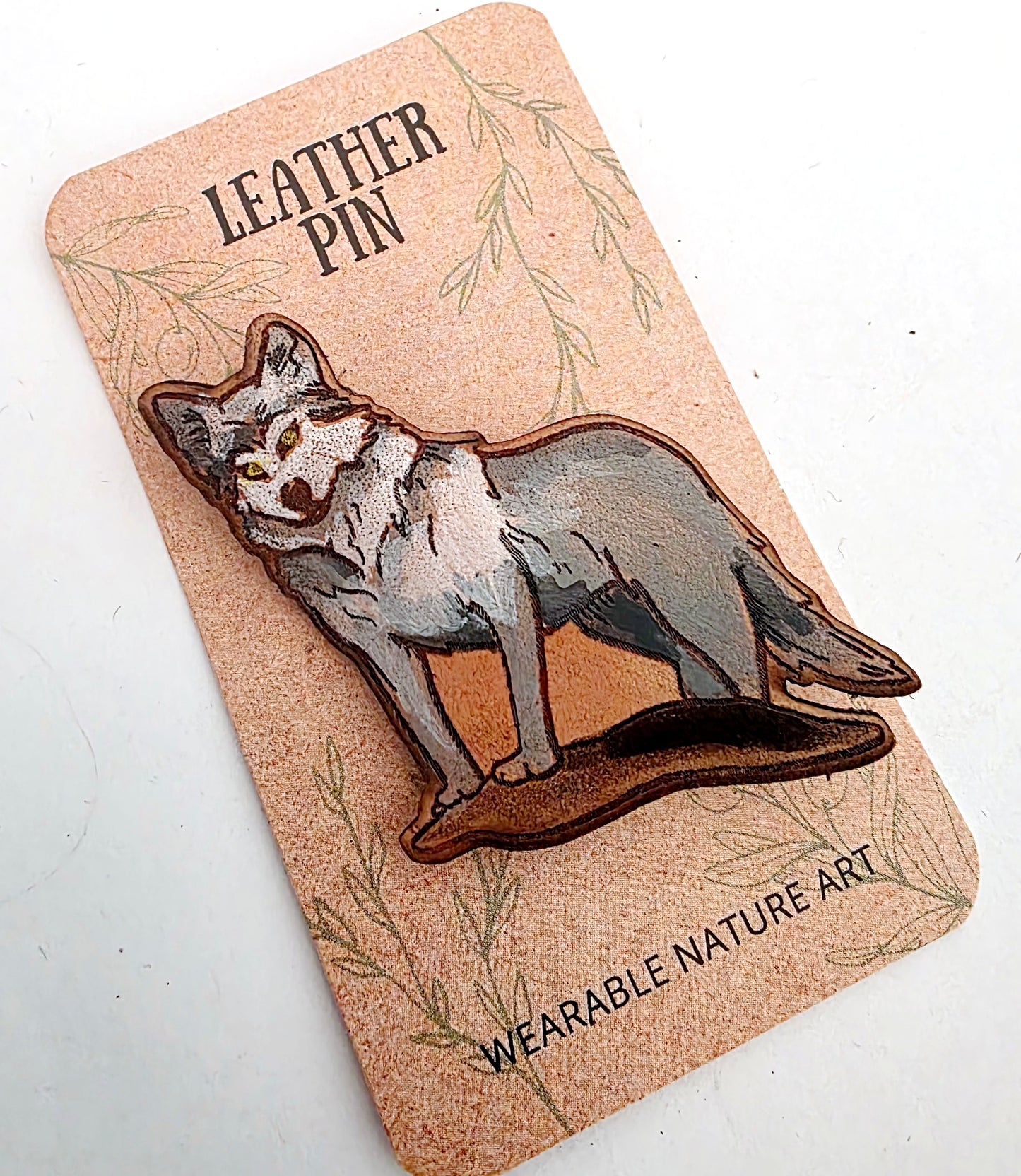 Grey Wolf Leather Nature Art Animal Pin