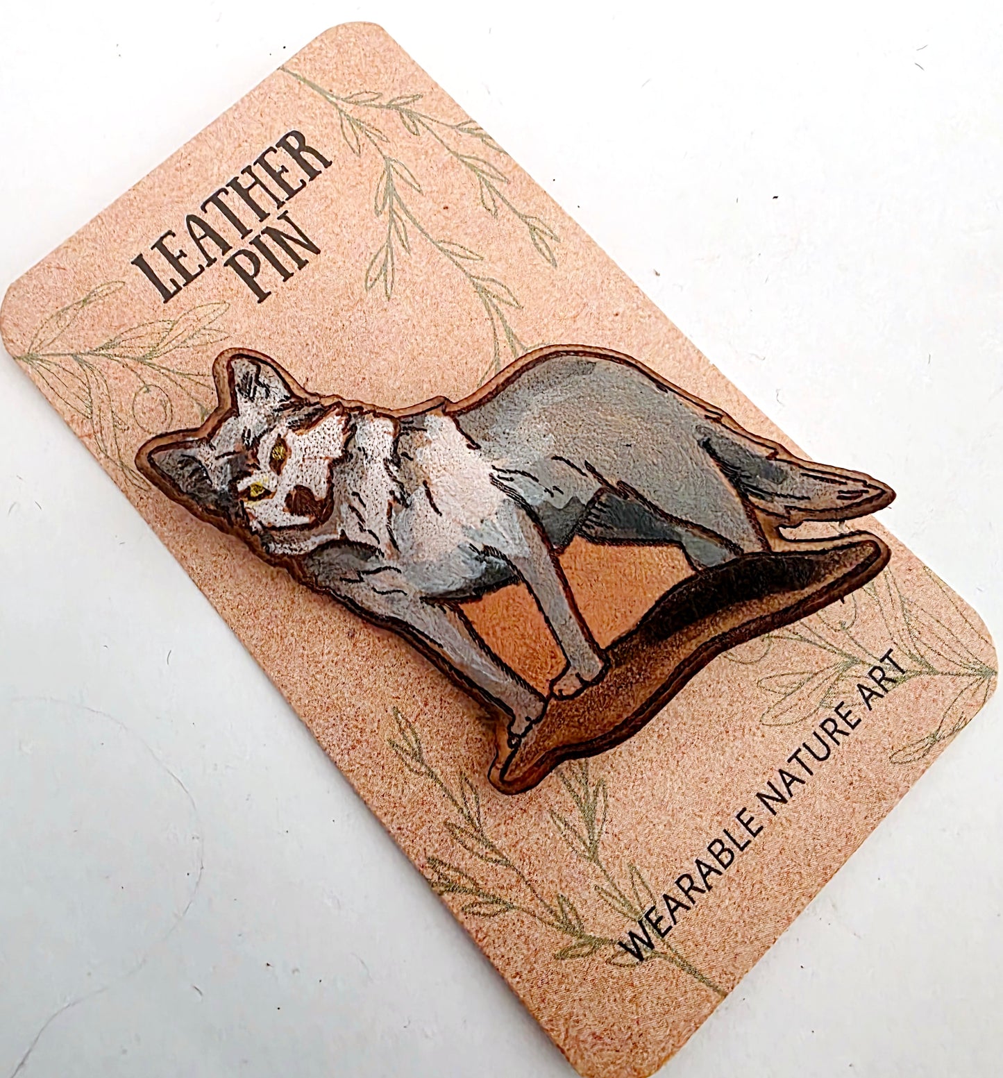 Grey Wolf Leather Nature Art Animal Pin