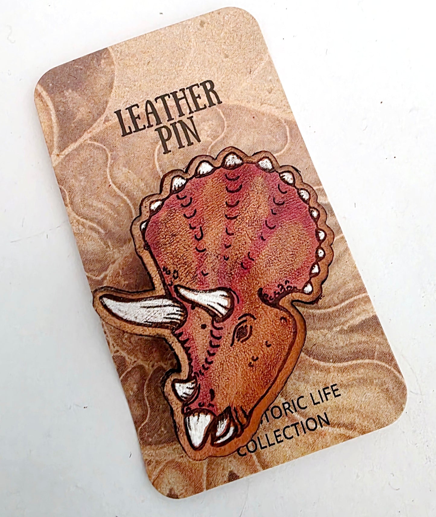 Triceratops Dinosaur Leather Nature Art Animal Paleontology Pin