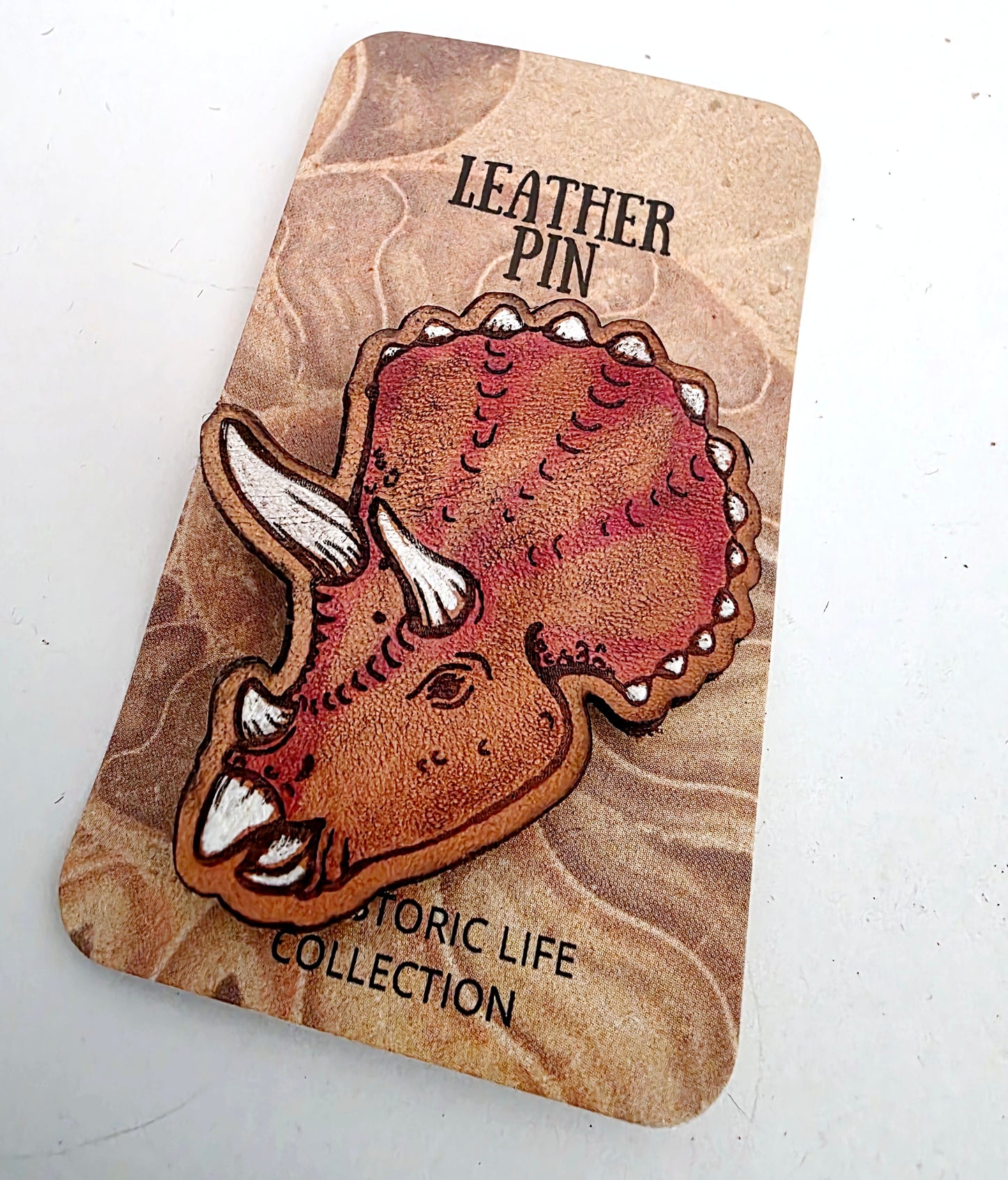 Triceratops Dinosaur Leather Nature Art Animal Paleontology Pin