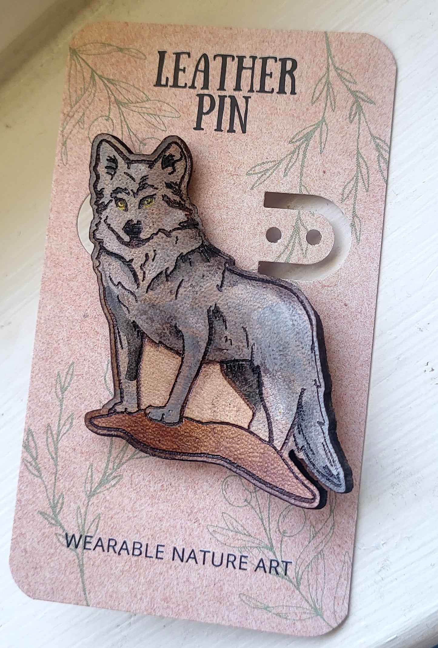 Grey Wolf Leather Nature Art Animal Pin