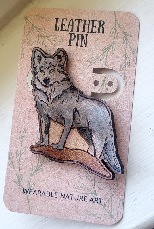 Grey Wolf Leather Nature Art Animal Pin