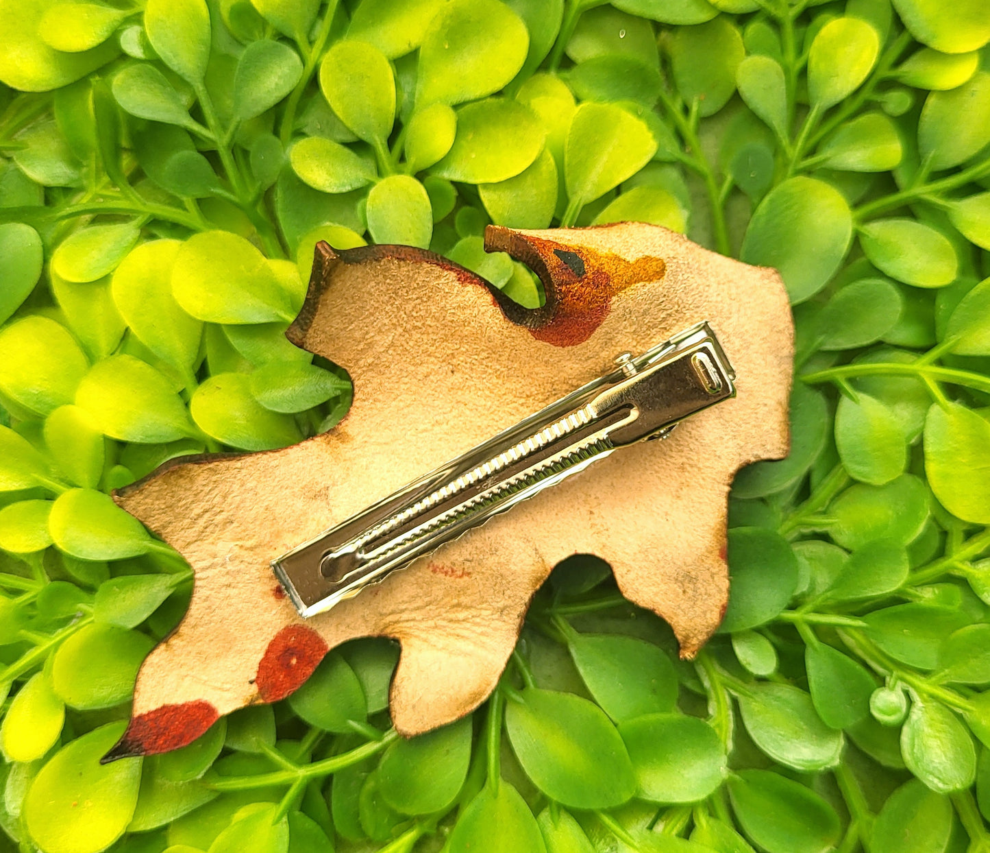 Red Oak Leaf Leather Hair Barrette