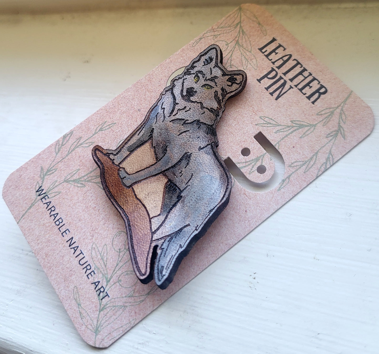 Grey Wolf Leather Nature Art Animal Pin