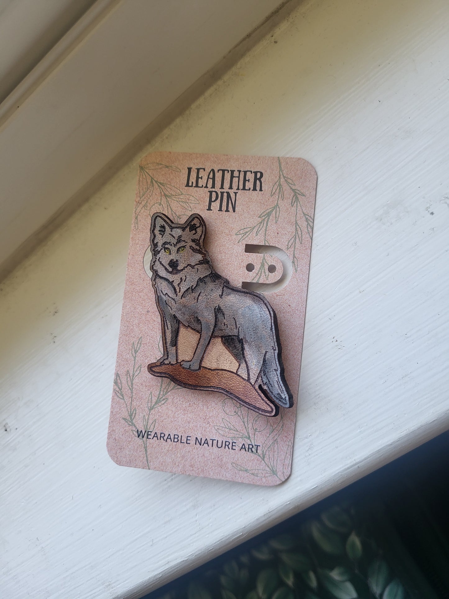 Grey Wolf Leather Nature Art Animal Pin